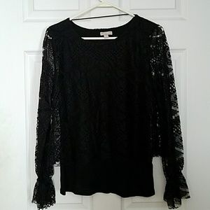 Pointelle Brand Black Lace Long Sleeve Blouse